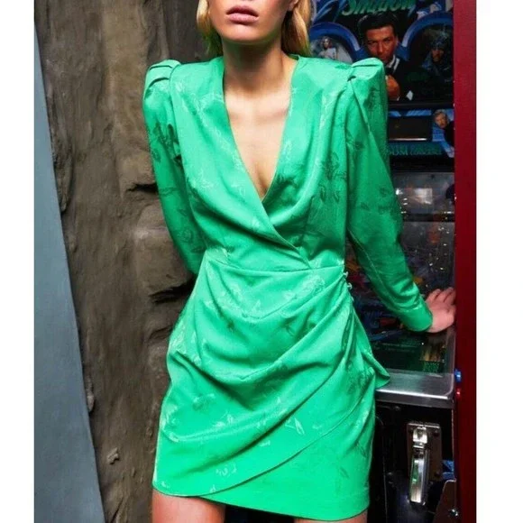 Cras X Free People Women Yvonne Island Green Long Sleeve Wrap Mini Dress Sz 36 Cras X Free People Women Yvonne Island Green Long Sleeve Wrap Mini Dress Sz 36